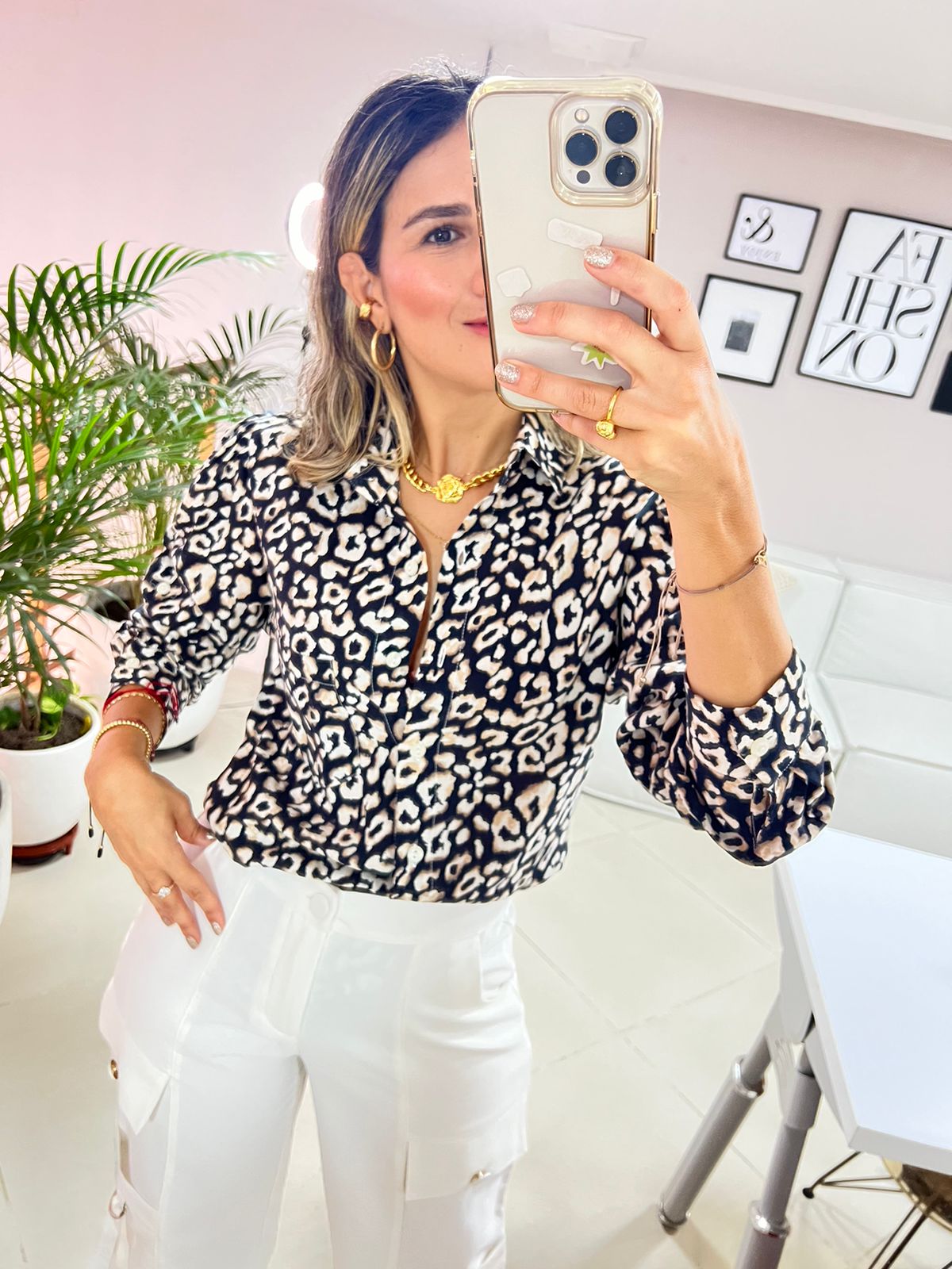 Blusa Manga Larga con botones, estampado de Lino y Seda Mango para mujer