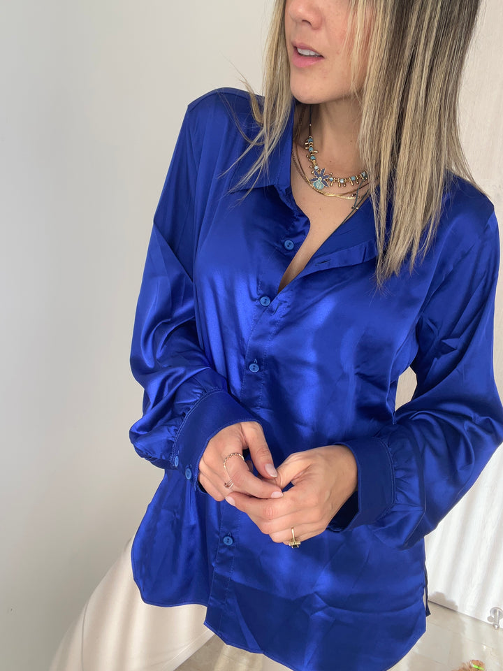 camisa azul satin manga larga  