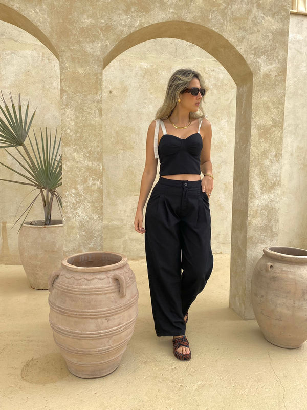 set negro en lino blusa de tiras pantalon amplio